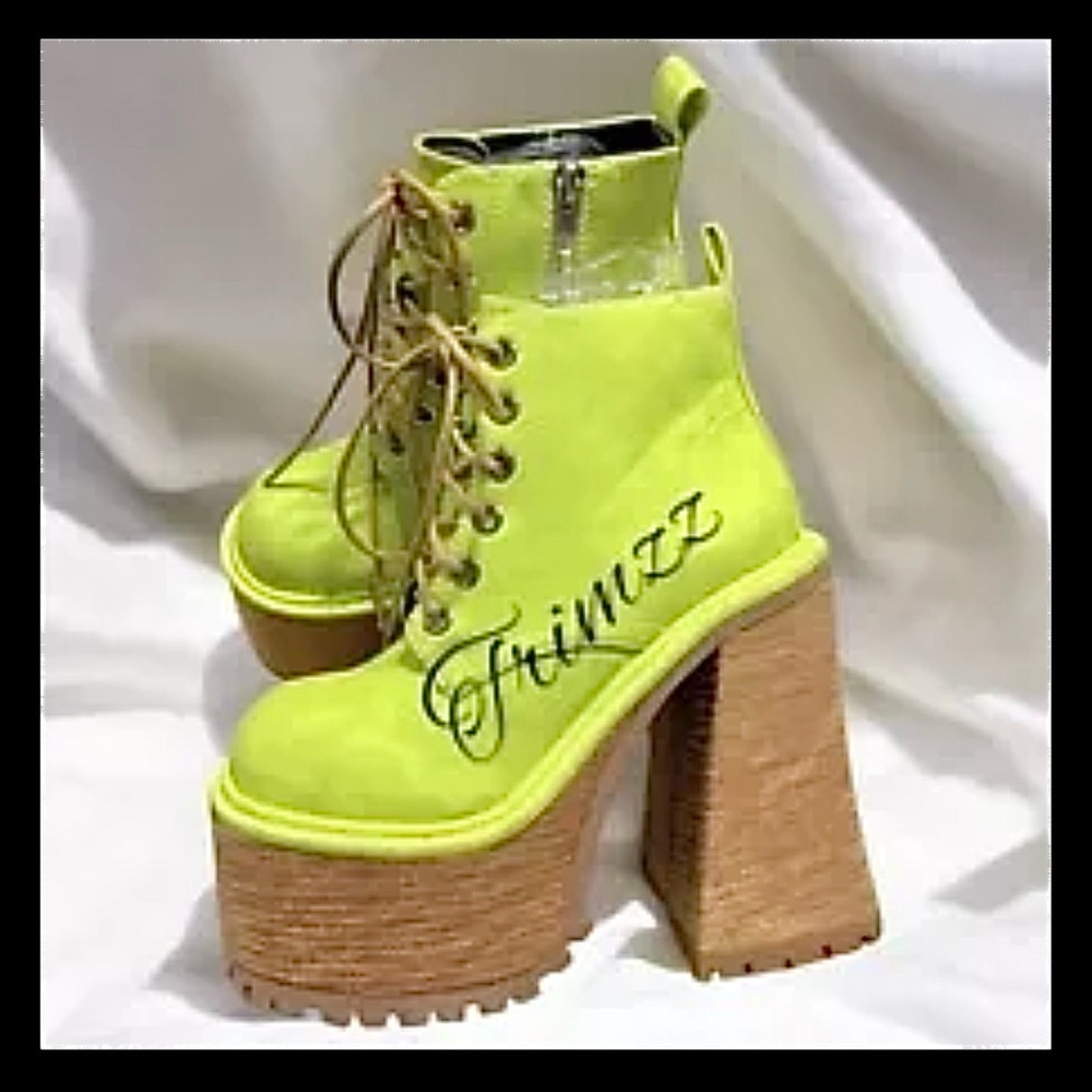 Size 5..……CURRENT MOOD…..Lime Green Ankle Boots with suede type brown heels. New